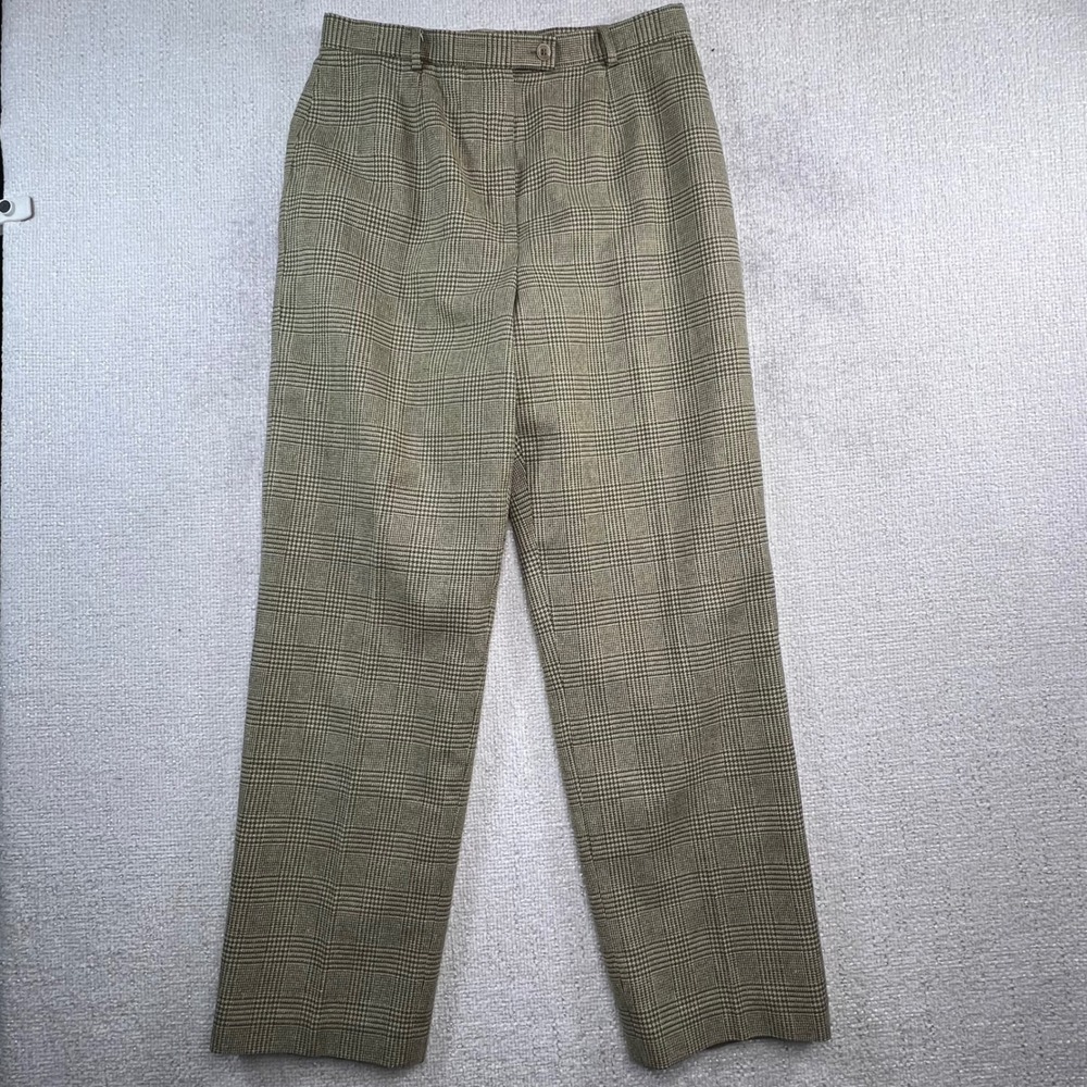 Talbots Collection‎ Silk Wool Glen Plaid Pants Olive Green Straight Leg Size 14